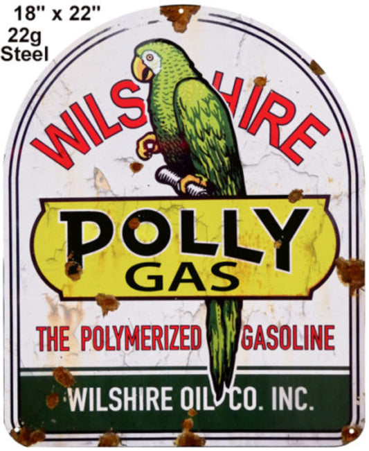 Polly Gas laser cut gasoline sign with weathered vintage oil and gas advertising design, 21″H × 17.7″W steel.