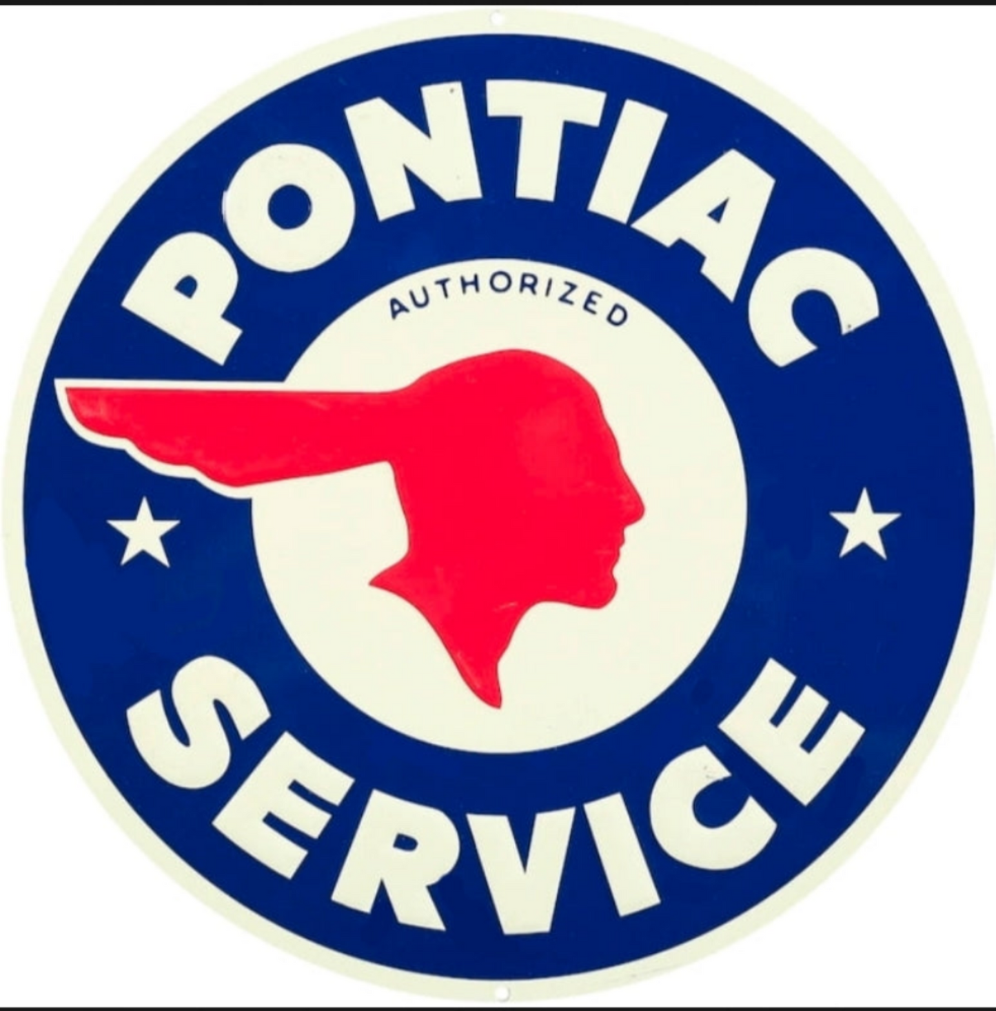 Pontiac Authorized Service embossed round aluminum sign featuring the classic Indian head logo, available in 12 inch and 24 inch sizes.
