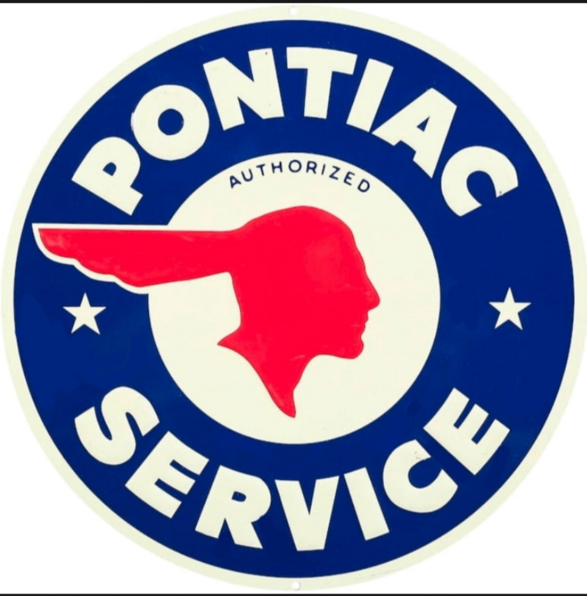 Pontiac Authorized Service embossed round aluminum sign featuring the classic Indian head logo, available in 12 inch and 24 inch sizes.