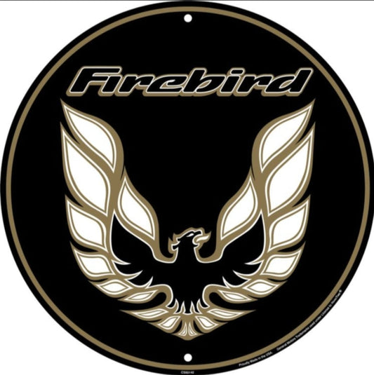 Pontiac Firebird Screaming Chicken embossed round aluminum sign rooted in the second-generation Trans Am era (1973–1981), available in 12 inch and 24 inch diameter.