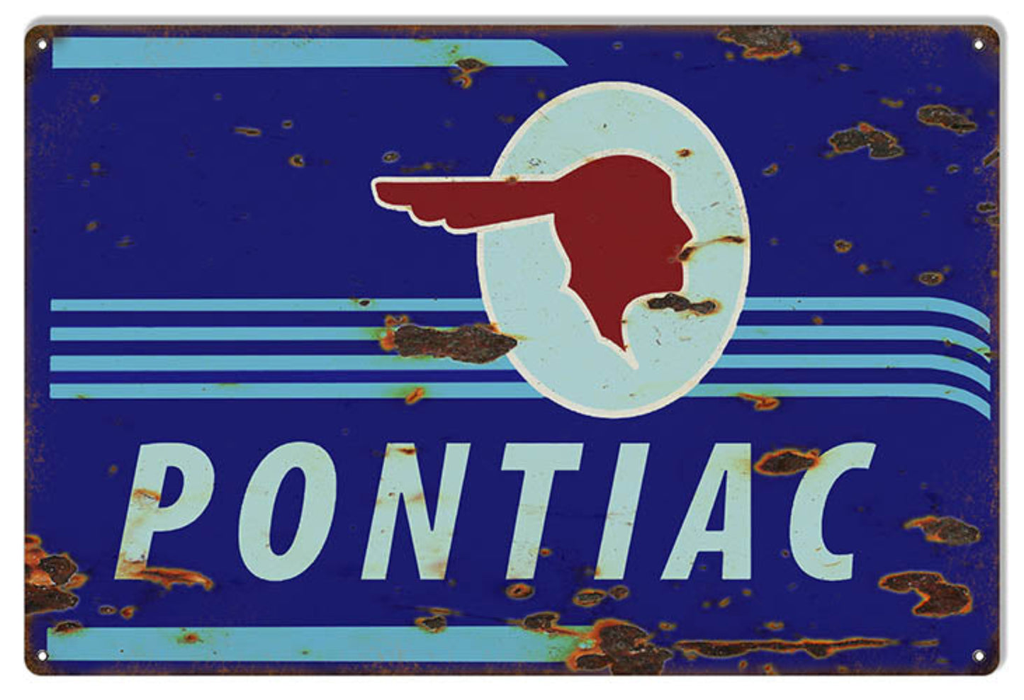 Pontiac Vintage Service Station aluminum metal sign in an aged finish featuring the classic Pontiac Blue background and Native American head logo.