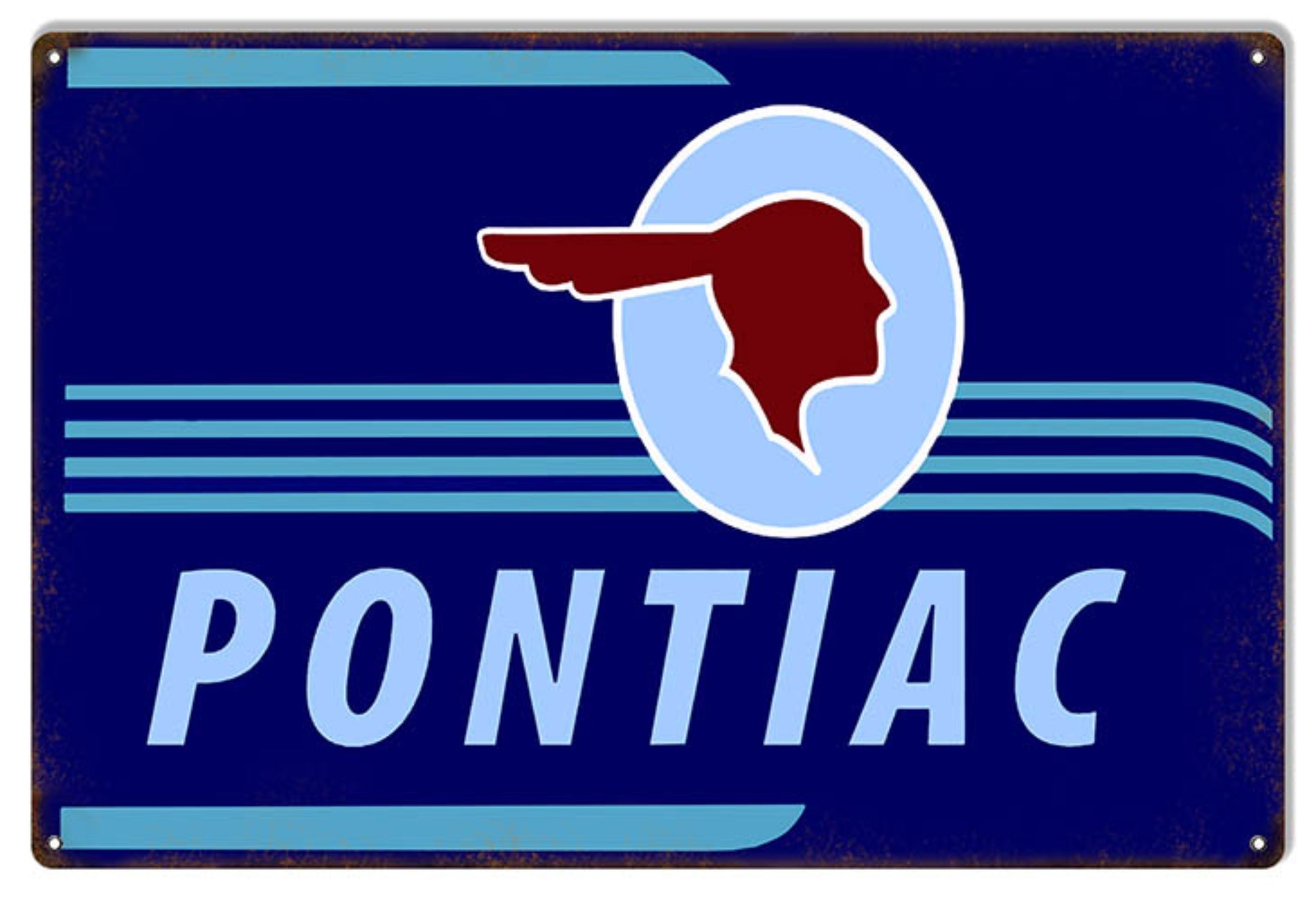 Pontiac Vintage Service Station aluminum metal sign in a clean finish featuring the classic Pontiac Blue background and Native American head logo.