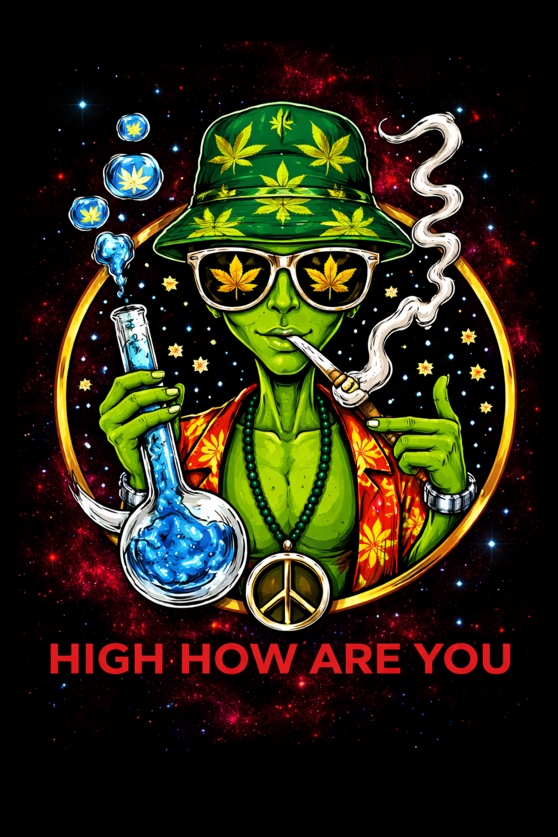 Green alien portrait with psychedelic space background and novelty artwork