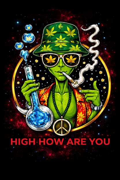 Green alien portrait with psychedelic space background and novelty artwork