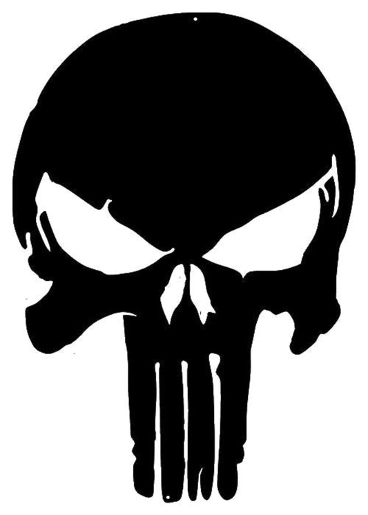 Laser-cut metal wall art featuring a bold skull silhouette design in matte black finish, perfect for garage or man cave décor.