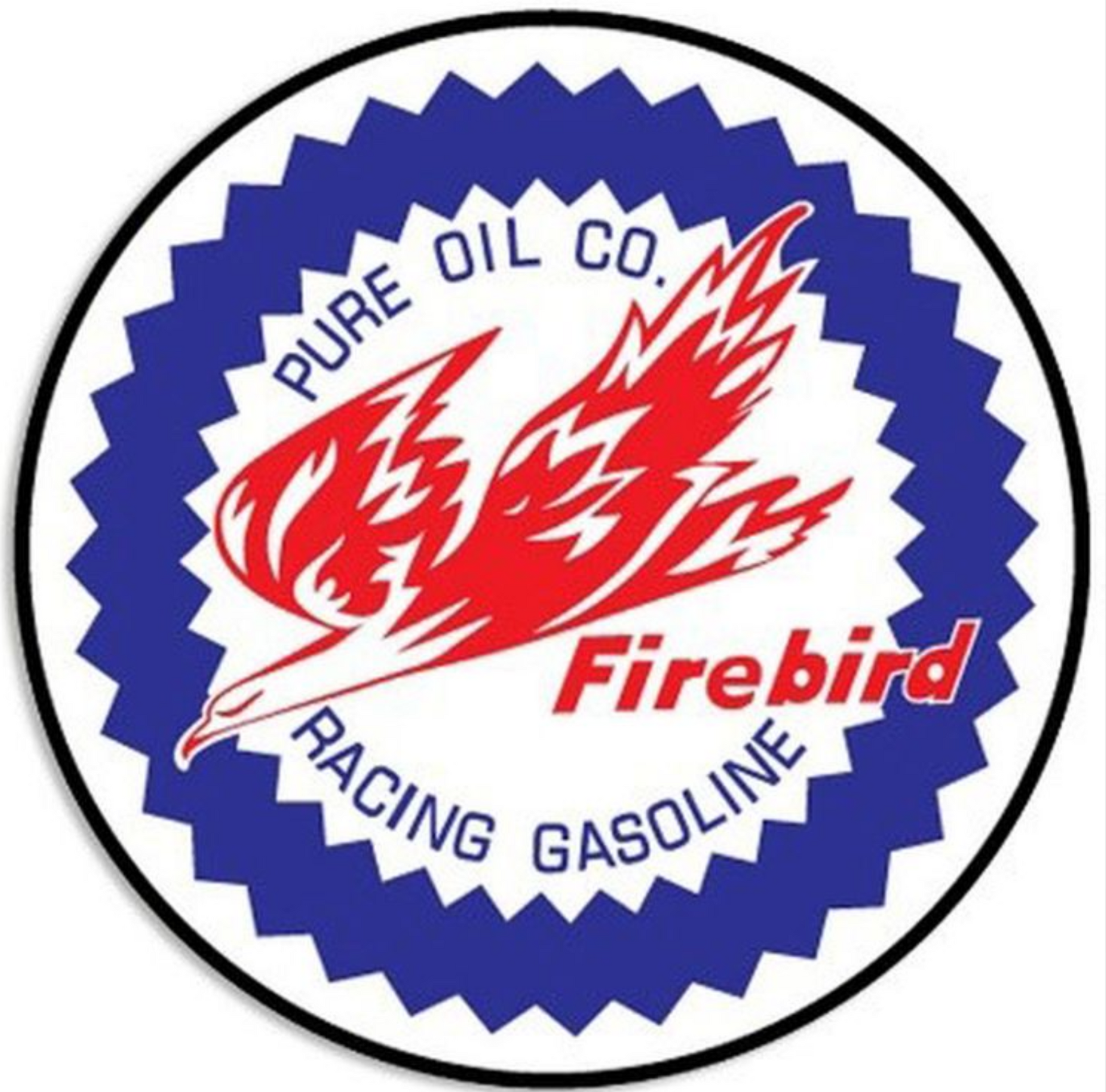 Pure Firebird Racing Gasoline embossed round aluminum sign with vintage oil branding, 24 inch diameter.