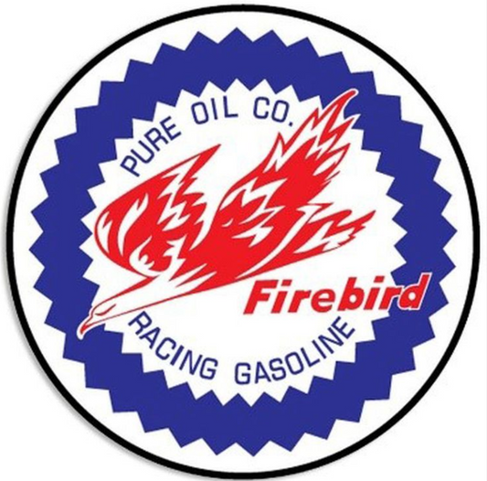 Pure Firebird Racing Gasoline embossed round aluminum sign with vintage oil branding, 24 inch diameter.