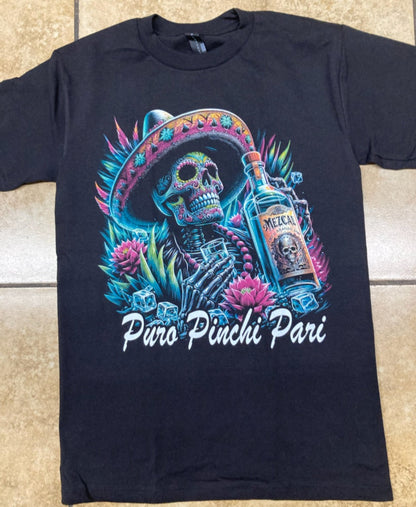Black Puro Pinche Pari t-shirt featuring colorful Día de los Muertos skeleton with mezcal bottle – Unisex Silkscreen