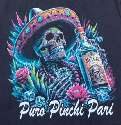 Black Puro Pinche Pari t-shirt featuring colorful Día de los Muertos skeleton with mezcal bottle – Unisex Silkscreen
