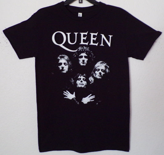 Front view of Queen Bohemian Rhapsody graphic T-shirt featuring iconic band portrait in black and white on black tee
