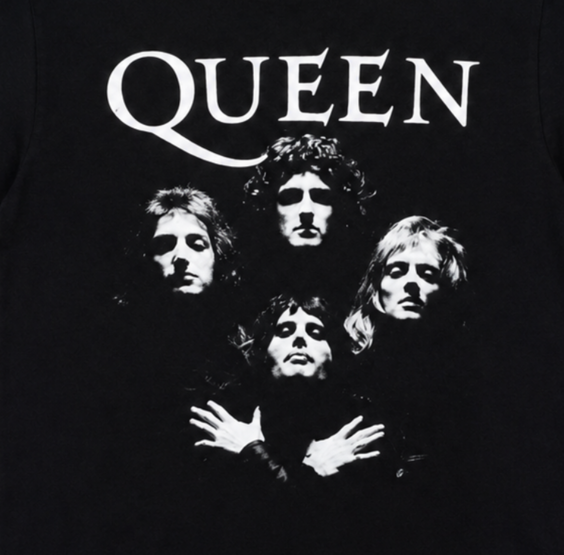 Queen Bohemian Rhapsody graphic T-shirt with band portrait and logo on black shirt unisex sizes S–3XL