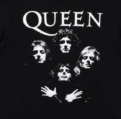 Queen Bohemian Rhapsody graphic T-shirt with band portrait and logo on black shirt unisex sizes S–3XL