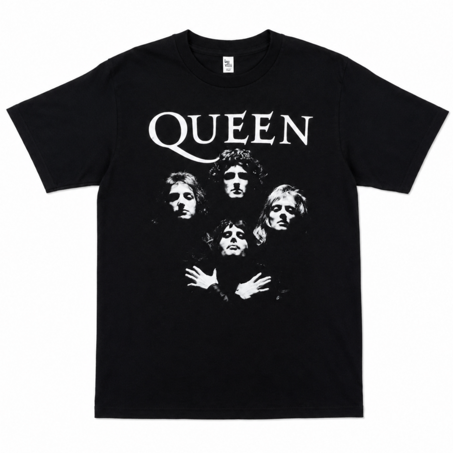 Queen Bohemian Rhapsody graphic T-shirt with band portrait and logo on black shirt unisex sizes S–3XL