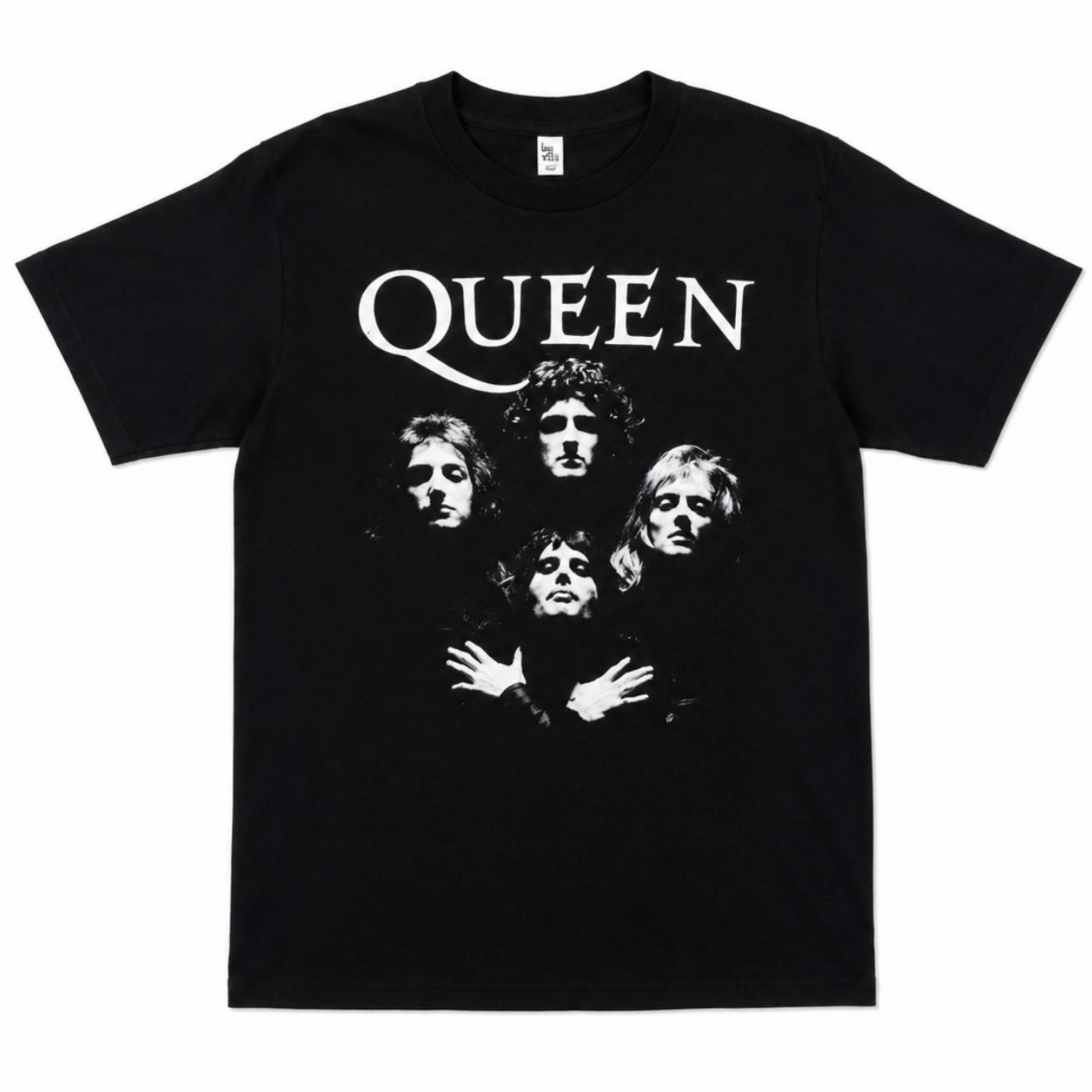 Queen Bohemian Rhapsody graphic T-shirt with band portrait and logo on black shirt unisex sizes S–3XL