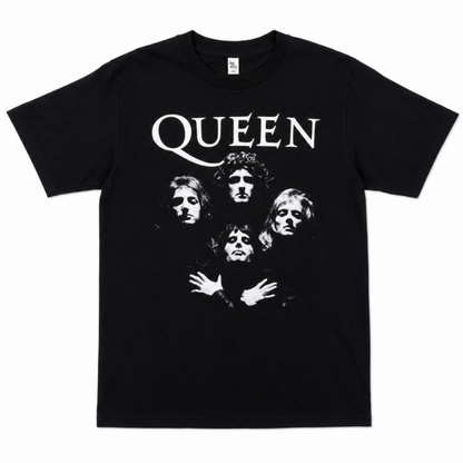 Queen Bohemian Rhapsody graphic T-shirt with band portrait and logo on black shirt unisex sizes S–3XL