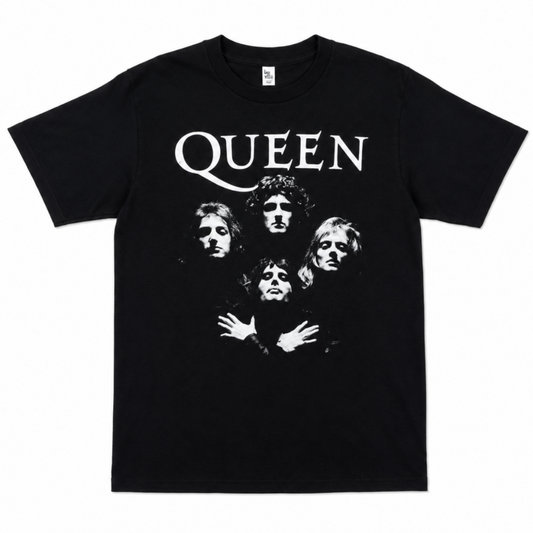 Queen Bohemian Rhapsody graphic T-shirt with band portrait and logo on black shirt unisex sizes S–3XL