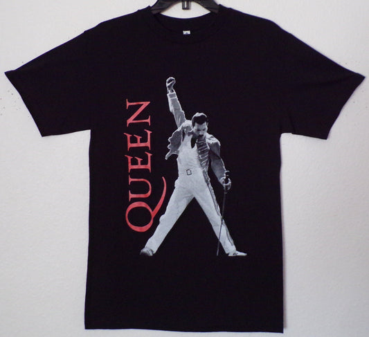 Front view of Queen Freddie Mercury graphic T-shirt featuring live performance pose with microphone on black tee