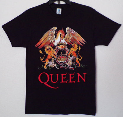 Front view of Queen crest graphic T-shirt featuring lion, phoenix, and crown emblem on black tee