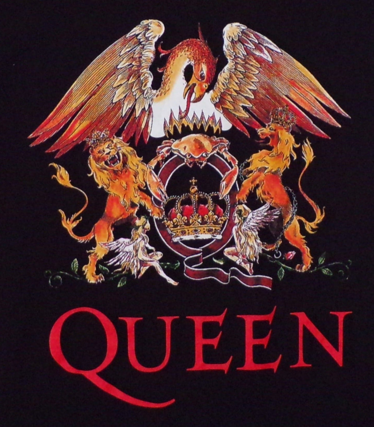Front view of Queen crest graphic T-shirt featuring lion, phoenix, and crown emblem on black tee