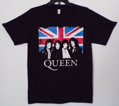 Front view of Queen Union Jack graphic T-shirt featuring band portrait over British flag on black tee