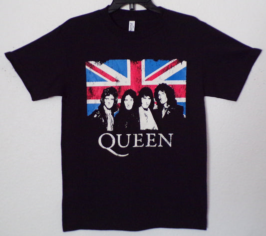 Front view of Queen Union Jack graphic T-shirt featuring band portrait over British flag on black tee