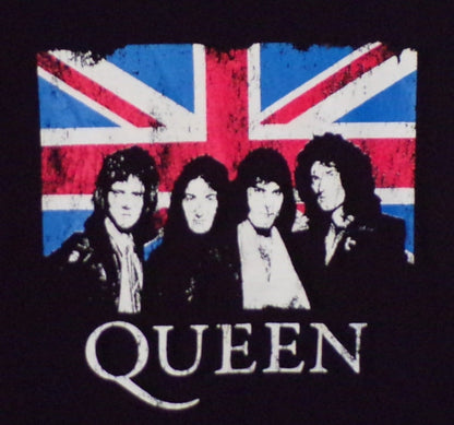Front view of Queen Union Jack graphic T-shirt featuring band portrait over British flag on black tee