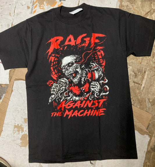 Black Rage Against The Machine t-shirt featuring skeleton singer holding microphone – Unisex Silkscreen