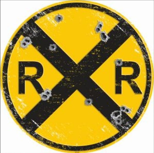 Railroad Crossing embossed round aluminum sign featuring the RR crossbuck symbol with a distressed bullet hole finish, available in 12 inch and 24 inch diameter.