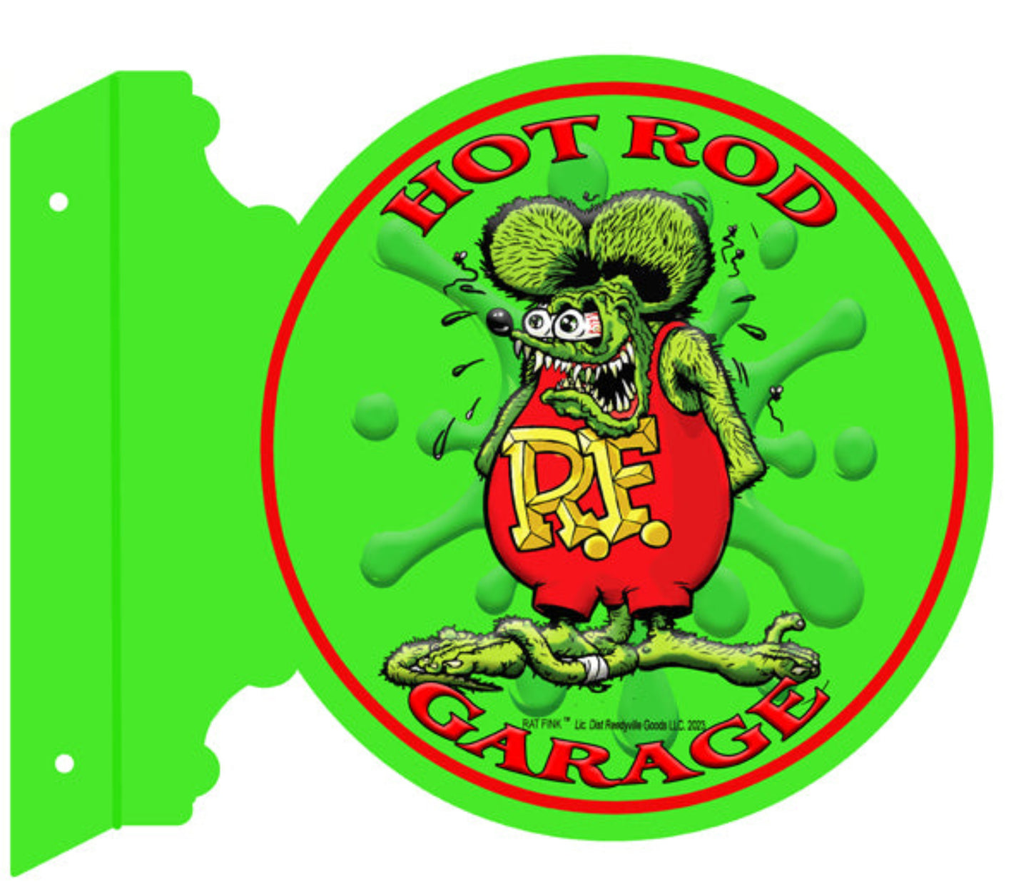 Rat Fink Hot Rod Garage double-sided flange metal sign featuring Ed Roth Kustom Kulture artwork and neon green hot rod graphics.