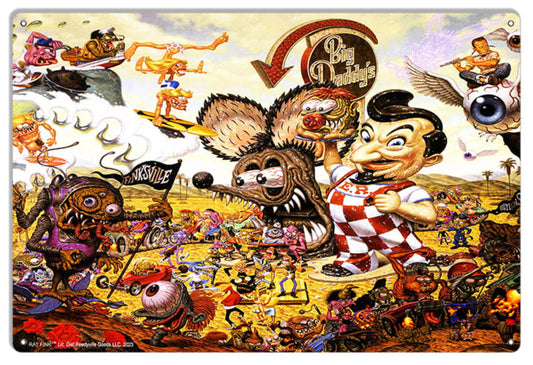 Rat Fink “Valley of the Finks” metal sign by Todd Schorr featuring Kustom Kulture artwork and hot rod chaos scene.