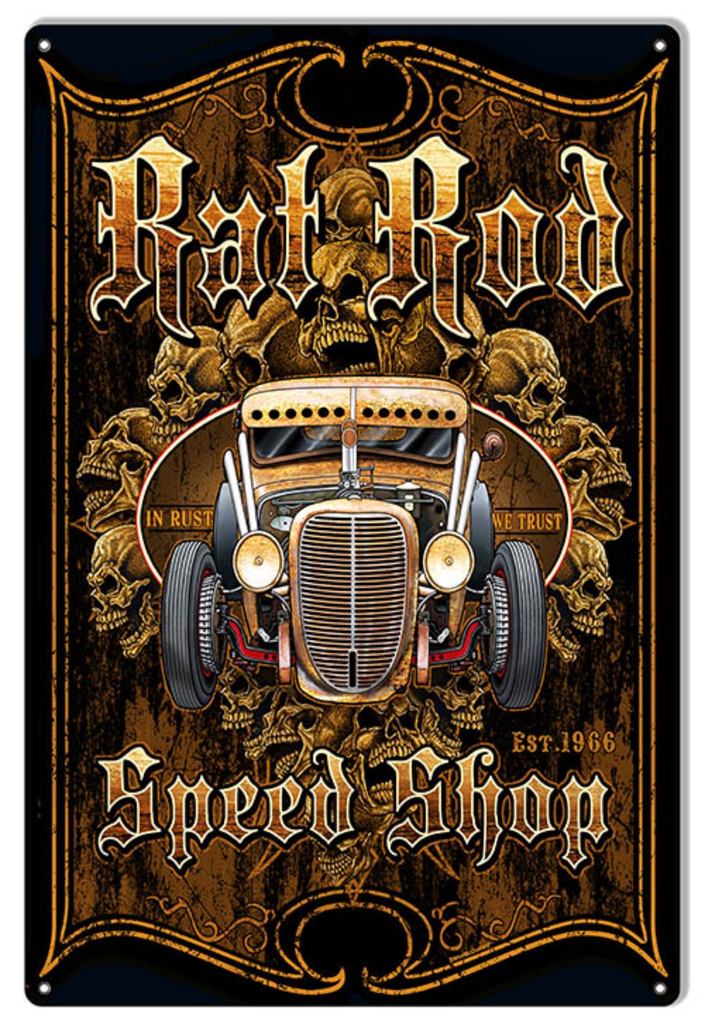 Rat Rod Speed Shop garage art metal sign by Steve McDonald featuring vintage hot rod artwork, 18″H × 12″W aluminum.