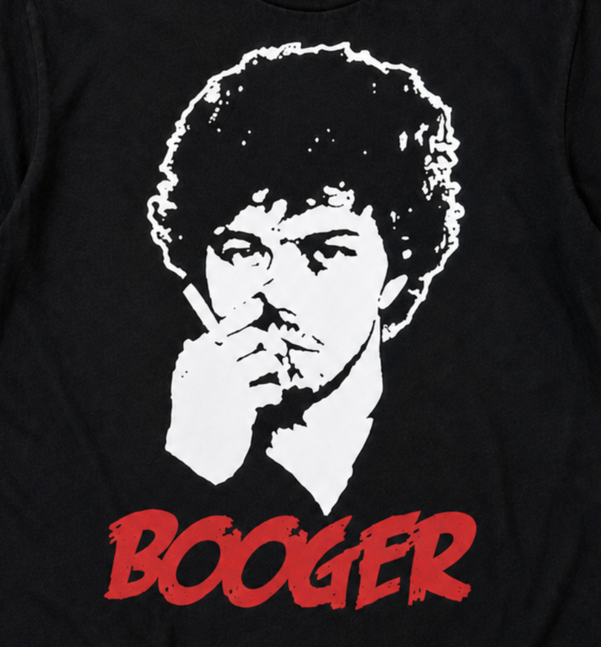 Revenge of the Nerds Booger graphic T-shirt with retro portrait design on black shirt unisex sizes S–3XL