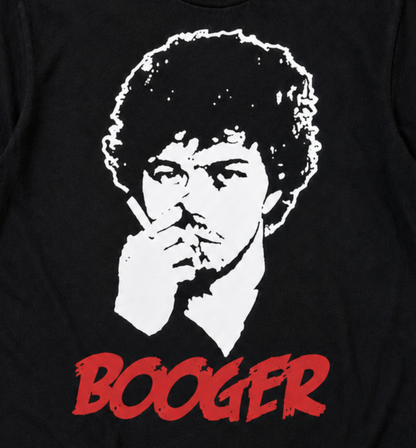 Revenge of the Nerds Booger graphic T-shirt with retro portrait design on black shirt unisex sizes S–3XL