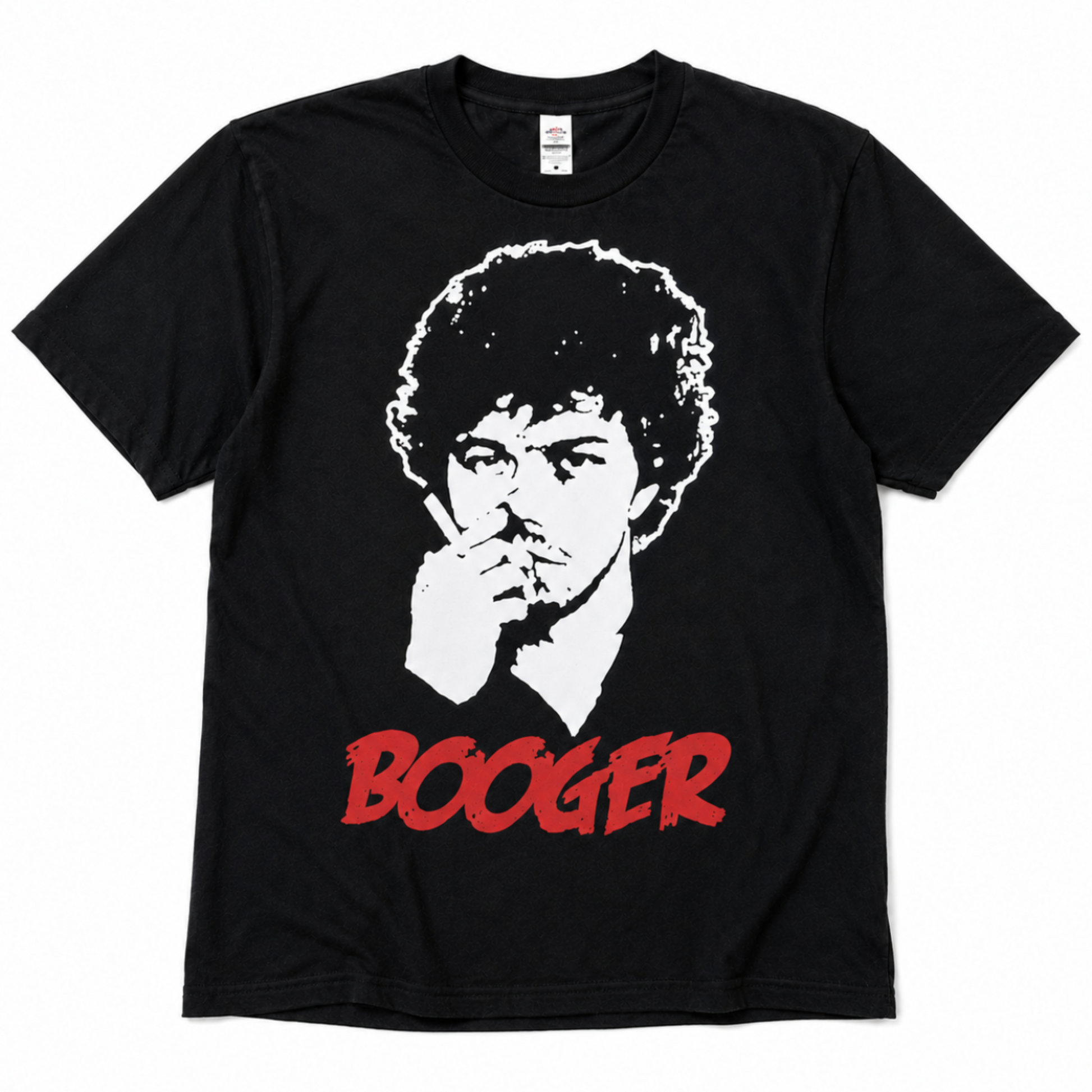 Revenge of the Nerds Booger graphic T-shirt with retro portrait design on black shirt unisex sizes S–3XL