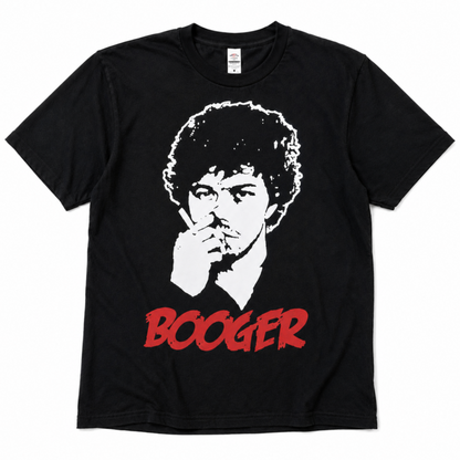 Revenge of the Nerds Booger graphic T-shirt with retro portrait design on black shirt unisex sizes S–3XL