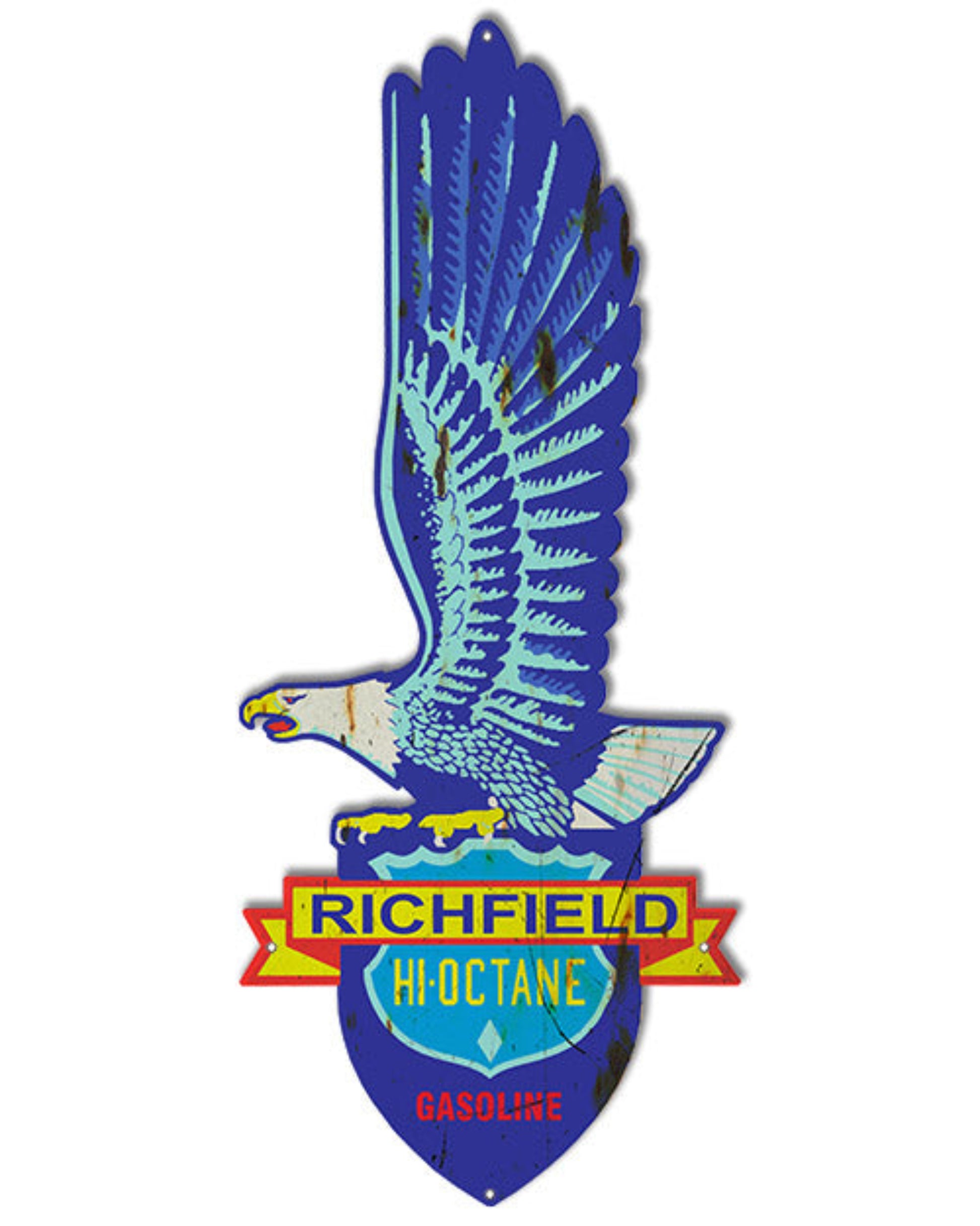 Richfield Hi-Octane Gasoline Eagle aged laser-cut steel sign featuring the soaring blue eagle and colorful vintage service station shield design, 10"W × 24"H.