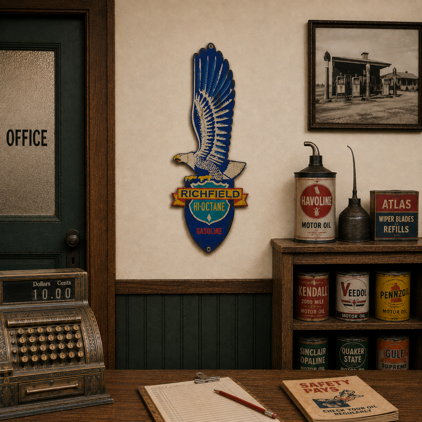 Richfield Hi-Octane Gasoline Eagle aged steel sign mounted on a brick wall in a garage with vintage automotive décor.