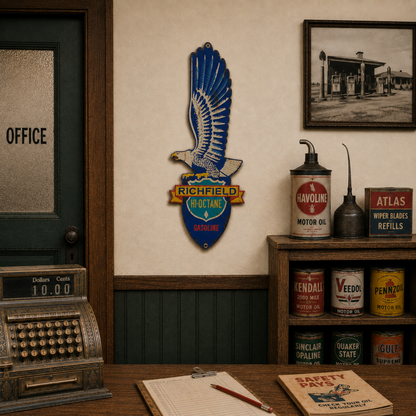Richfield Hi-Octane Gasoline Eagle aged steel sign mounted on a brick wall in a garage with vintage automotive décor.
