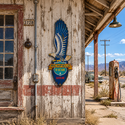 Richfield Hi-Octane Gasoline Eagle aged steel sign displayed on a weathered old service station wall in a vintage roadside setting.