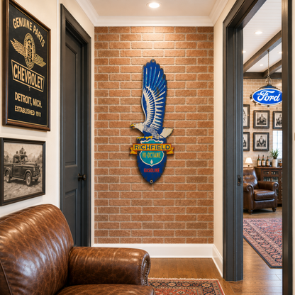Richfield Hi-Octane Gasoline Eagle steel sign displayed in a vintage office with classic gas and oil memorabilia.