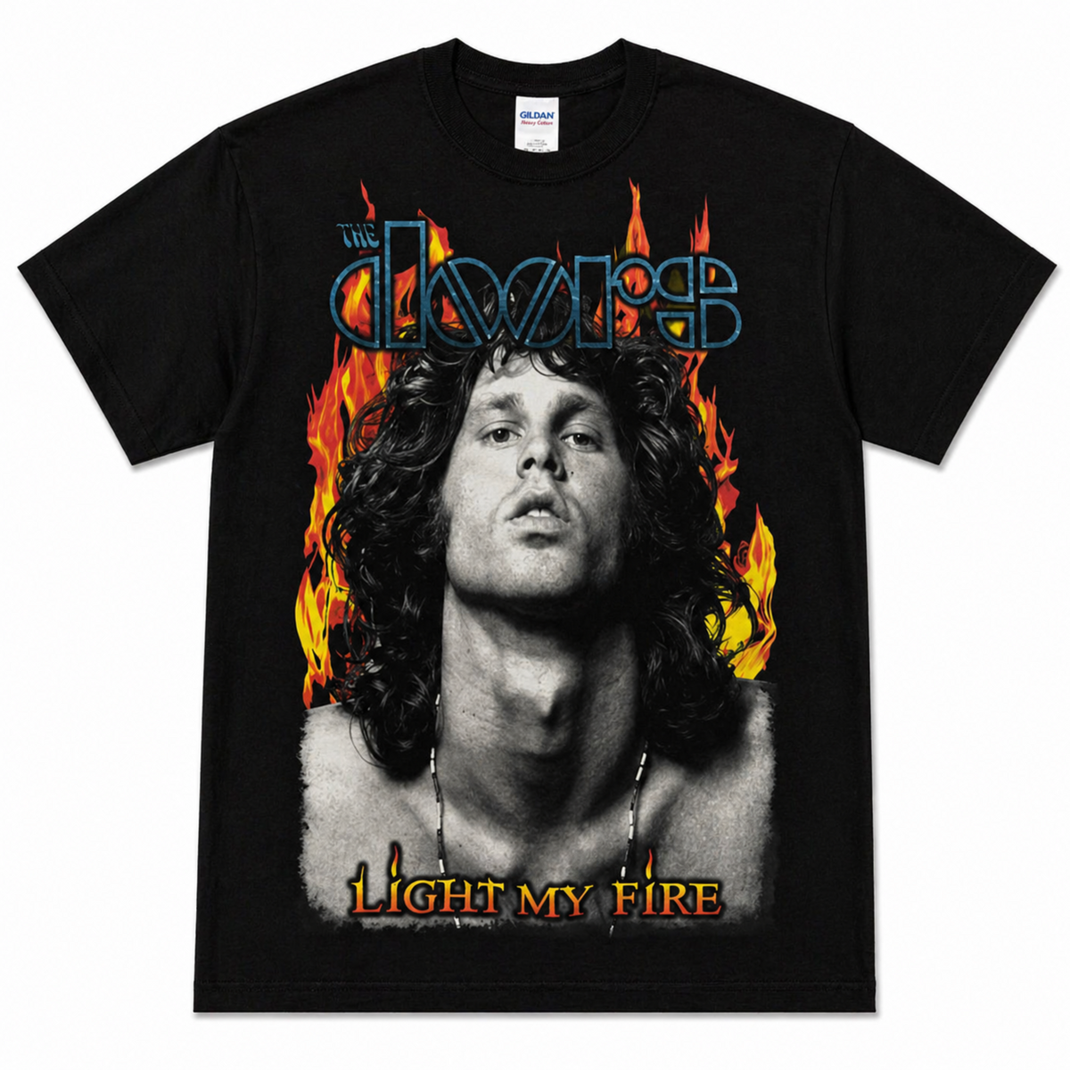 The Doors Light My Fire Jim Morrison classic rock T-shirt with flame design on black shirt unisex sizes S–3XL