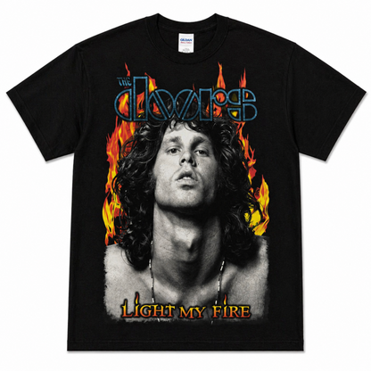 The Doors Light My Fire Jim Morrison classic rock T-shirt with flame design on black shirt unisex sizes S–3XL