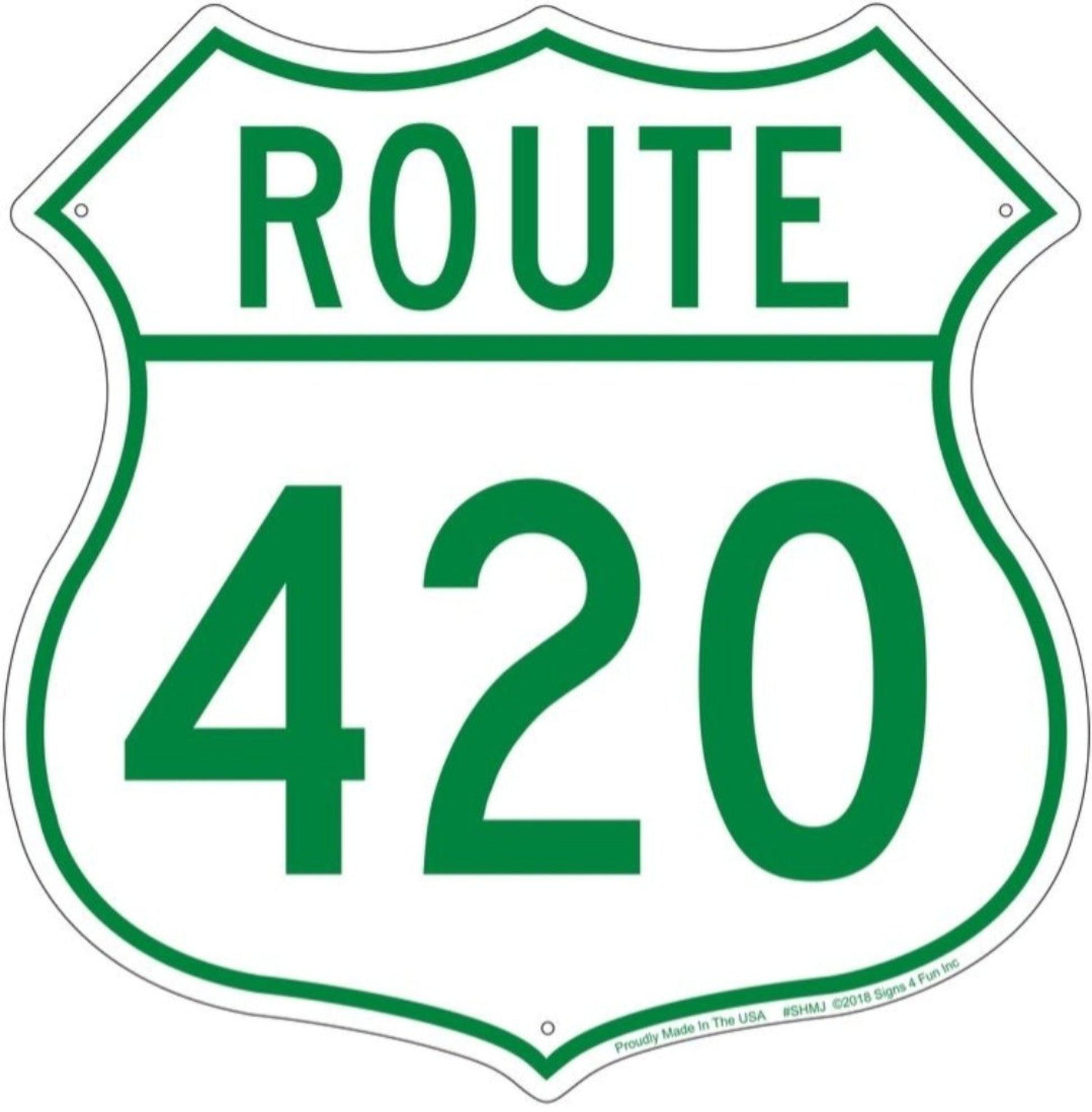 Route 420 embossed aluminum shield sign in green and white highway-style design, 12 inch size.
