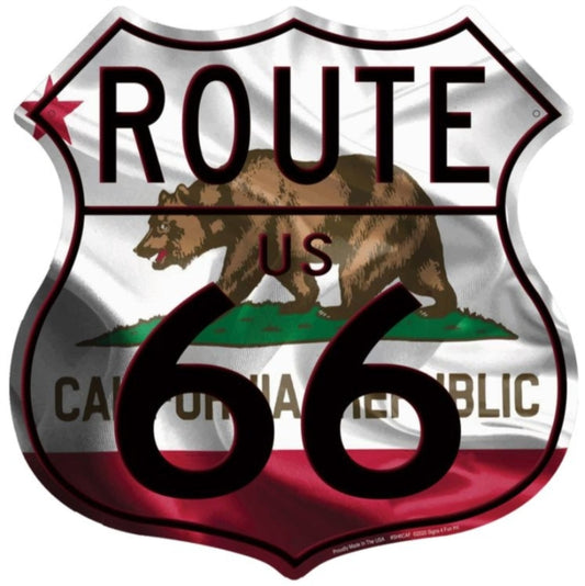 Route 66 California Republic bear embossed aluminum shield sign, 12 inch diameter.