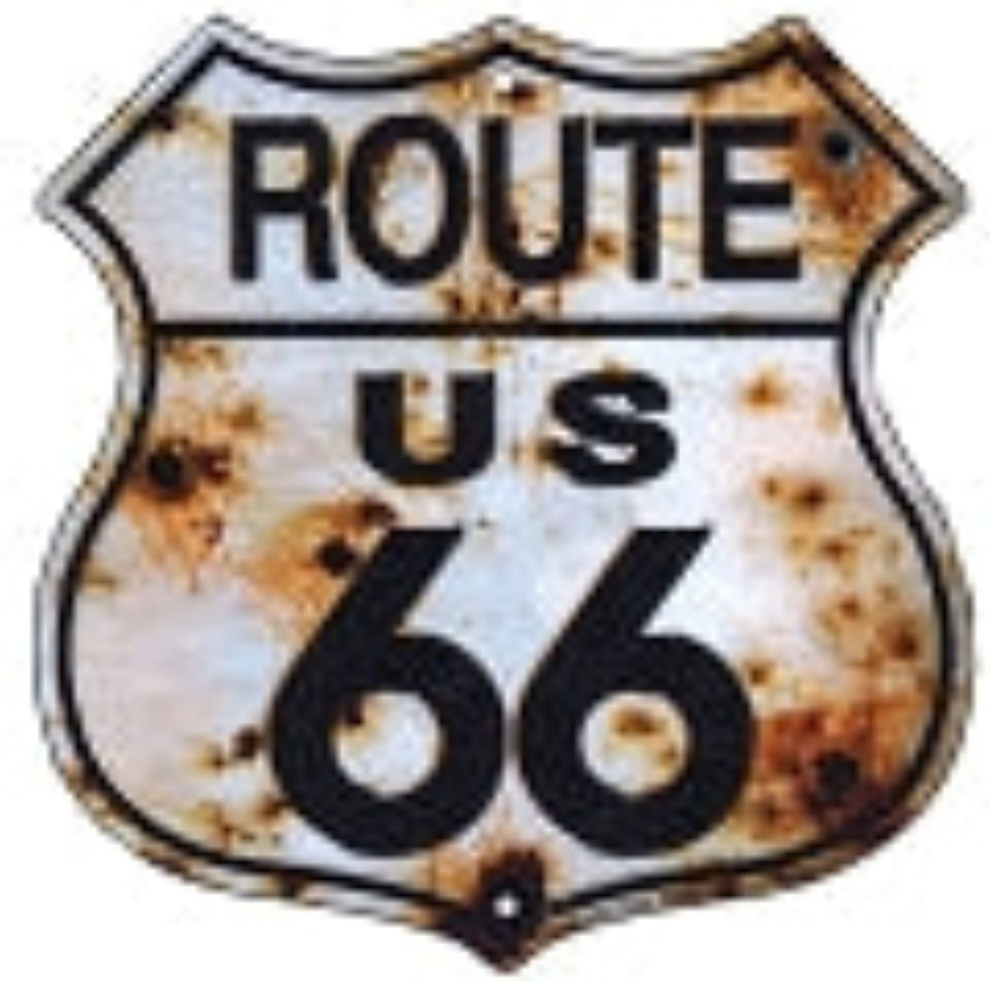 Route US 66 distressed embossed shield aluminum sign with a weathered vintage finish, available in 12 inch and 24 inch sizes, ideal for garage or Americana décor.