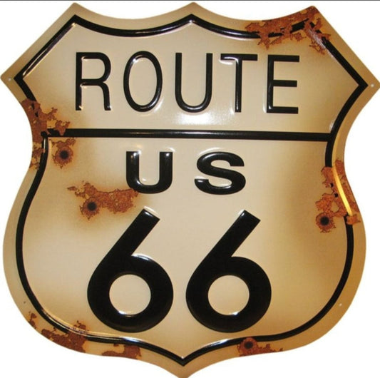 Route US 66 distressed embossed shield aluminum sign with a weathered vintage finish, available in 12 inch and 24 inch sizes, ideal for garage or Americana décor.