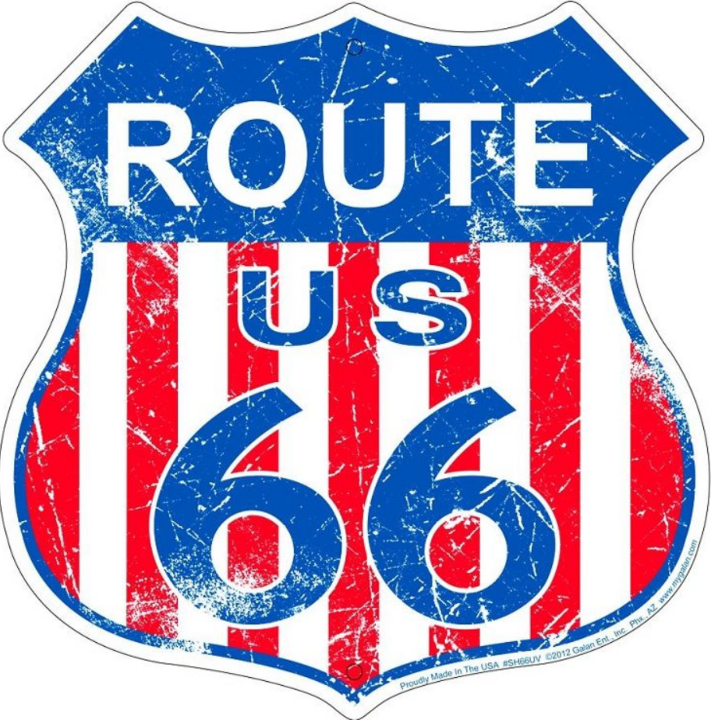 Route U.S. 66 embossed aluminum shield sign with stars and stripes design, 12" Diameter.