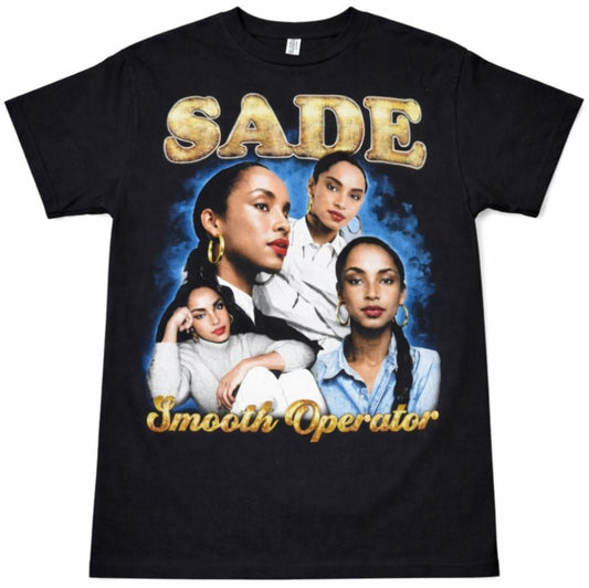 Black “Sade – Smooth Operator” unisex T-shirt featuring a multi-image collage of Sade with gold and blue tones, Small–3XL.