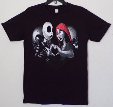 ’Sally And Jack Skellington Shared Heart’ Adult Silkscreen T-Shirt. Available From Small-3XL. - Unisex Short Sleeve Shirt