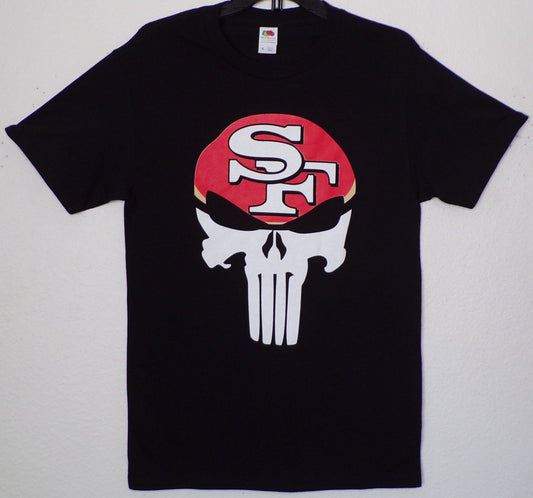 San Francisco football skull graphic T-shirt red and gold fan design unisex apparel sizes S–3XL